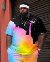 Men's Large Size Street Cartoon Color Block Starry Sky Graffiti Short-Sleeved Shorts Set